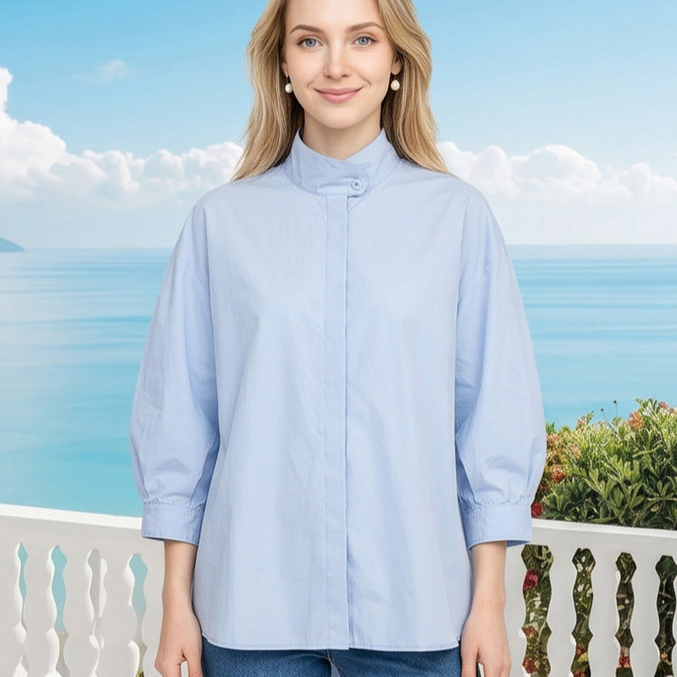 Women Oversize Blouse with concealed button placket, 3/4 sleeves and lightweight poplin quality Mune Fashion
