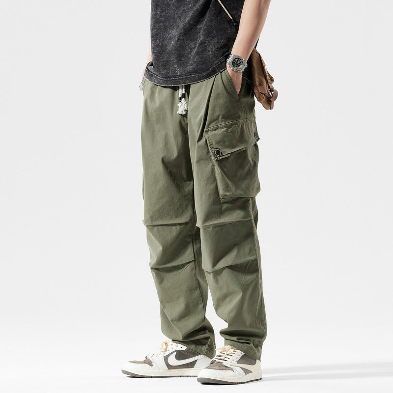Men's Lightweight Relaxed Cargo Pants with Buttoned Flap Pockets and Decorative Drawstring Mune Fashion