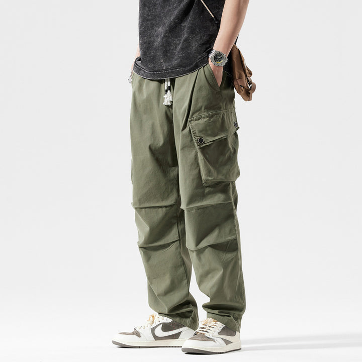 Men's Lightweight Relaxed Cargo Pants with Buttoned Flap Pockets and Decorative Drawstring Mune Fashion