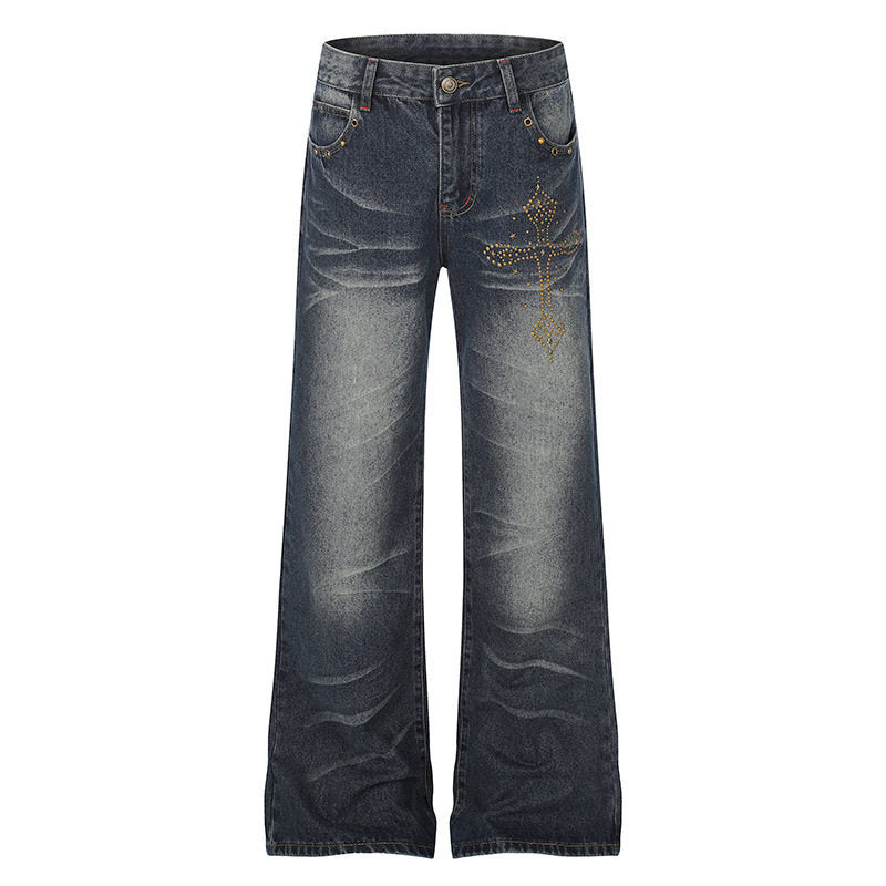 Women's Wide High-Waist Palazzo Jeans with Decorative Stone Cross Appliqué Mune Fashion