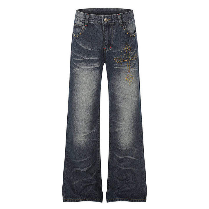Women's Wide High-Waist Palazzo Jeans with Decorative Stone Cross Appliqué Mune Fashion