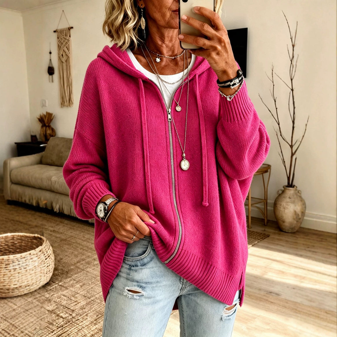 Women's Oversize Hooded Zip Cardigan made of soft fine knit Mune Fashion