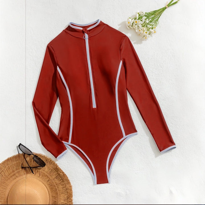 Women Long Sleeve Swimsuit with High Collar Mune Fashion