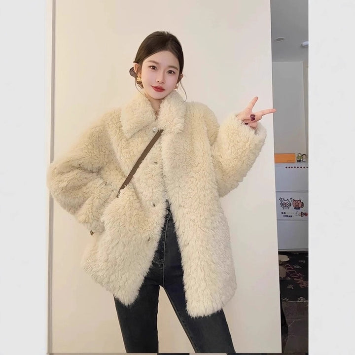 Women Oversize Teddy Fur Coat with Shawl Collar and Concealed Button Placket Mune Fashion