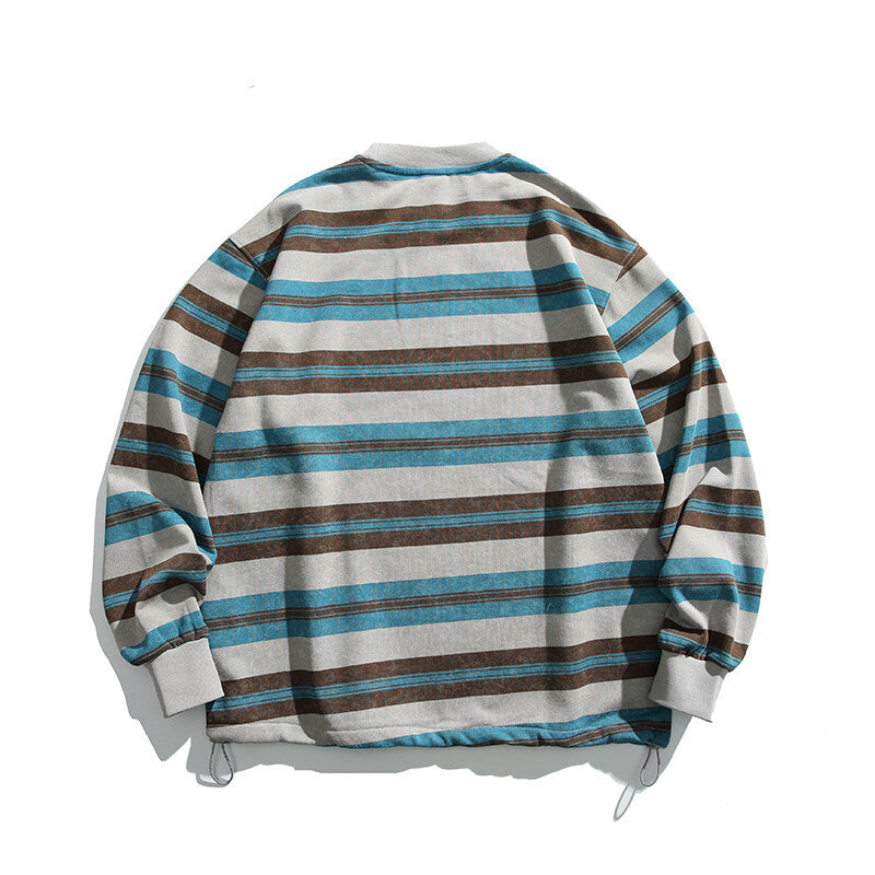 Men's Oversized Striped Sweatshirt with Drawstring Hem and Round Neck Mune Fashion