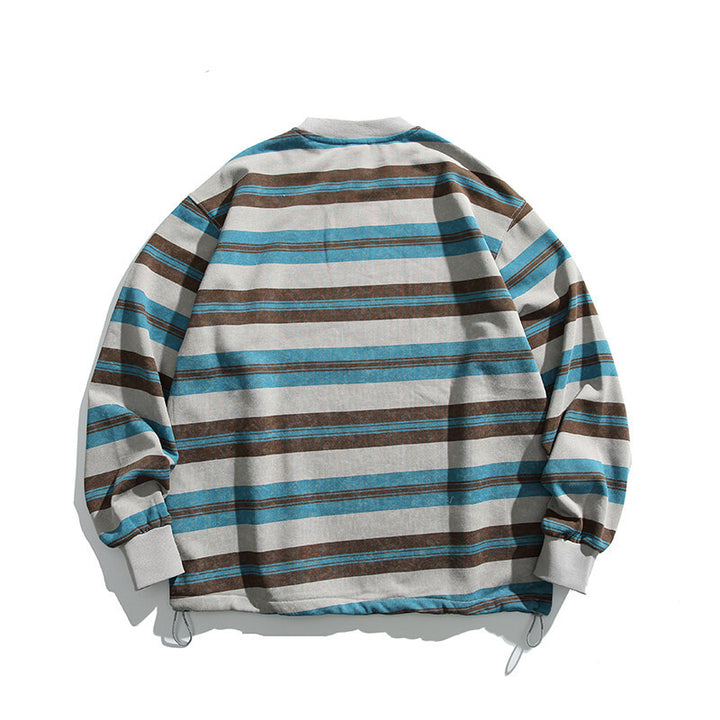 Men's Oversized Striped Sweatshirt with Drawstring Hem and Round Neck Mune Fashion