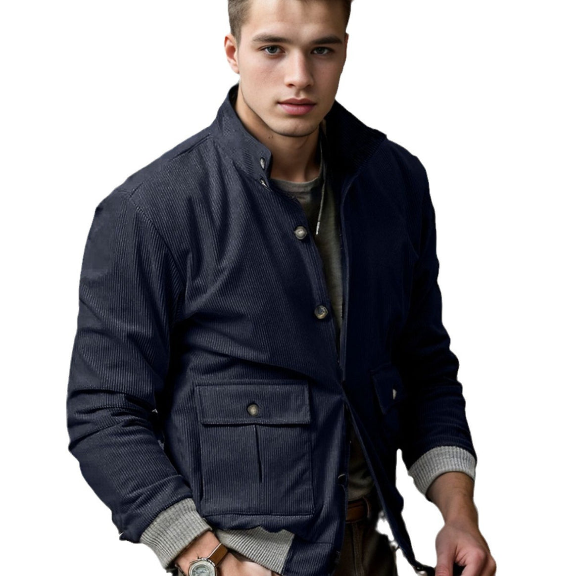 Men's Corduroy Field Jacket with Flap Pockets and Stand Collar Mune Fashion