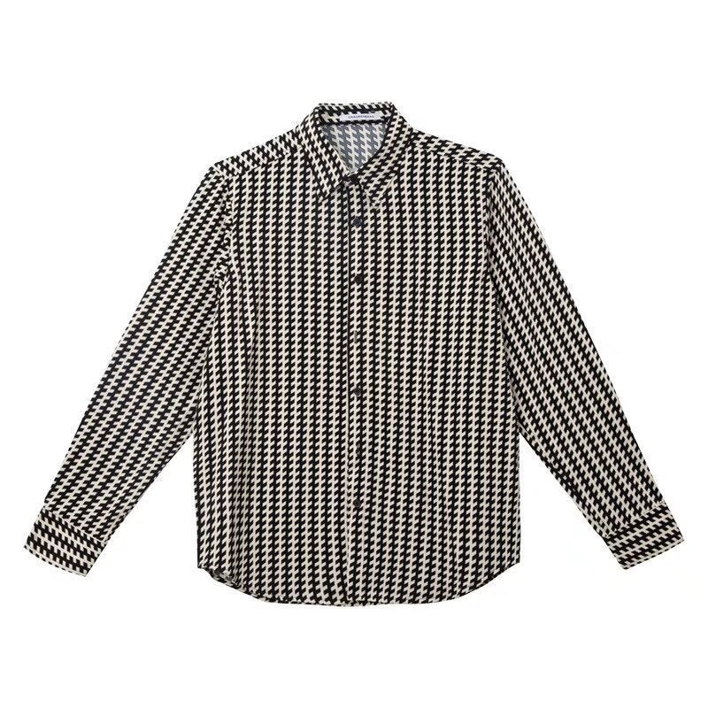 Men's Patterned Oversized Shirt with Houndstooth Motif and Classic Shirt Collar Mune Fashion