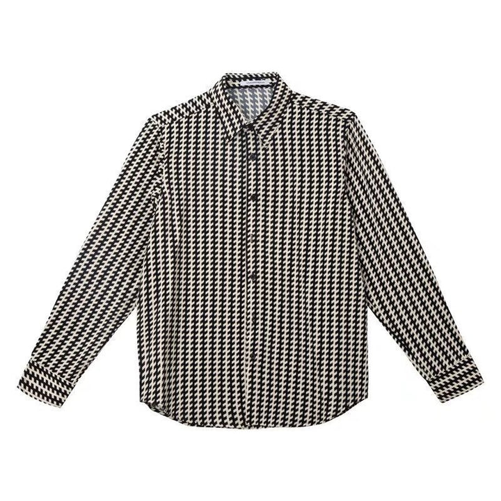 Men's Patterned Oversized Shirt with Houndstooth Motif and Classic Shirt Collar Mune Fashion