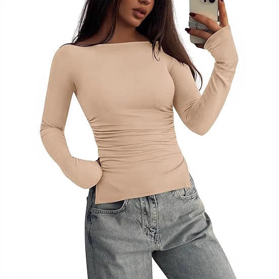 Women's Fitted Long Sleeve Top with Wide Boat Neck, Side Gathering and Extended Sleeve Cuffs Mune Fashion