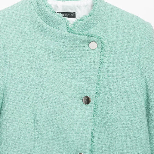 Women Cropped Boucle Jacket with Asymmetrical Button Placket and Fringe Hem Mune Fashion