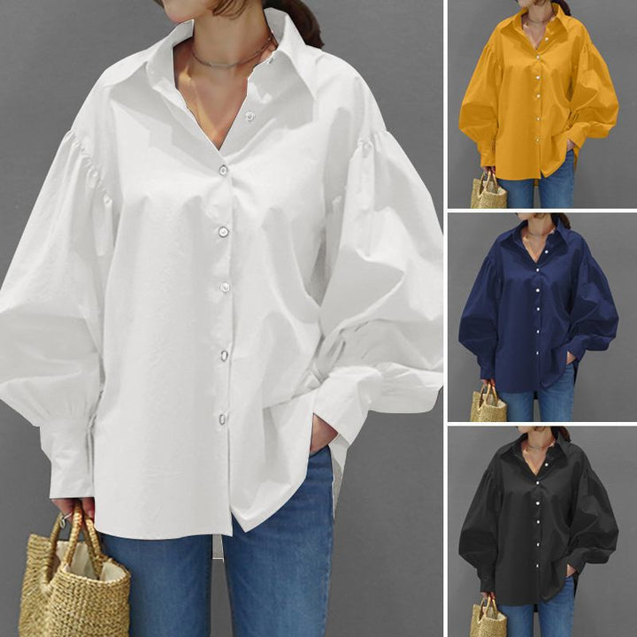 Women's Oversize Blouse with Balloon Sleeves and Shirt Collar Mune Fashion