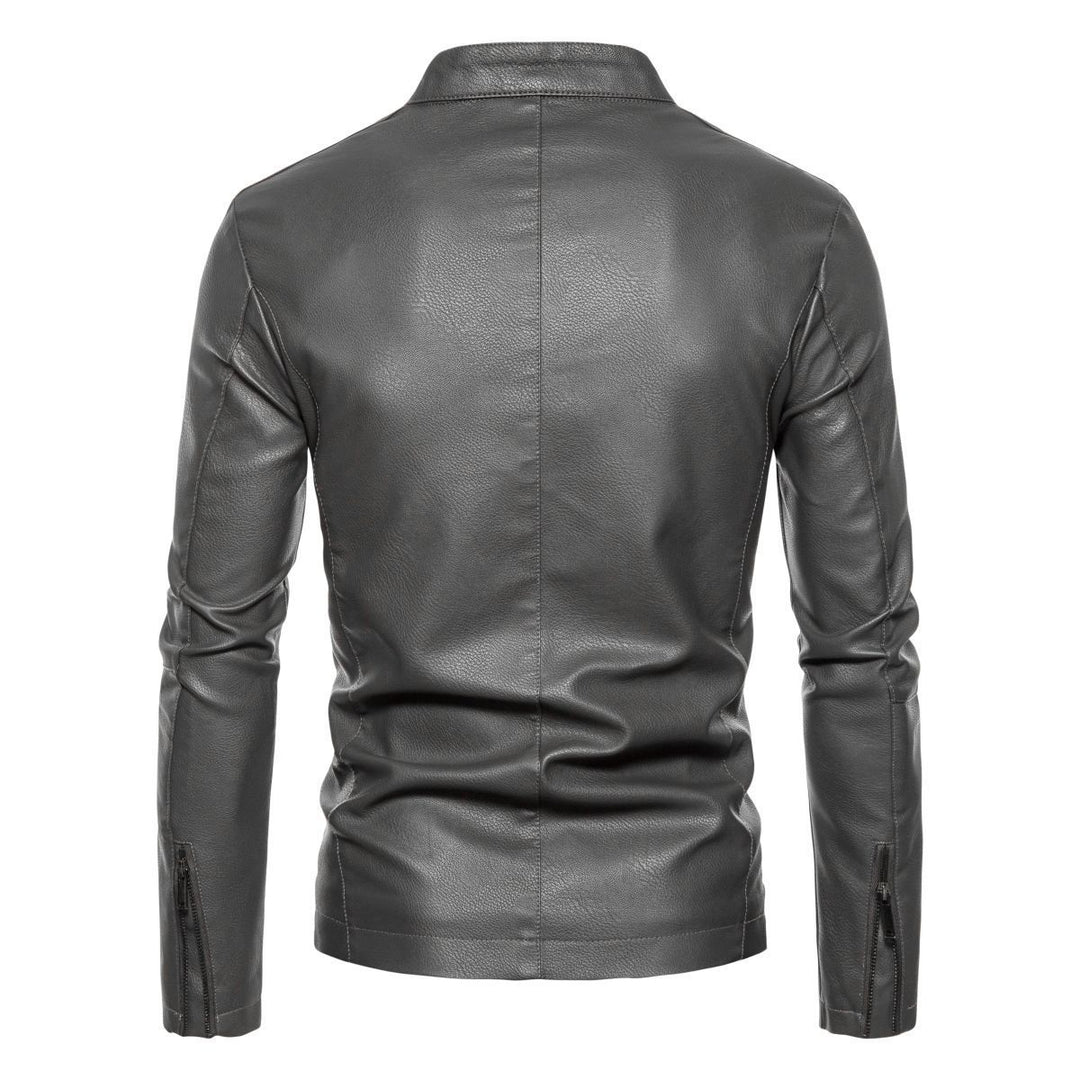 Men's Slim Faux Leather Biker Jacket with Stand-up Collar, Faux Fur Lining and Zipper Pockets Mune Fashion