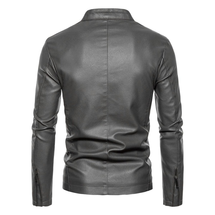 Men's Slim Faux Leather Biker Jacket with Stand-up Collar, Faux Fur Lining and Zipper Pockets Mune Fashion