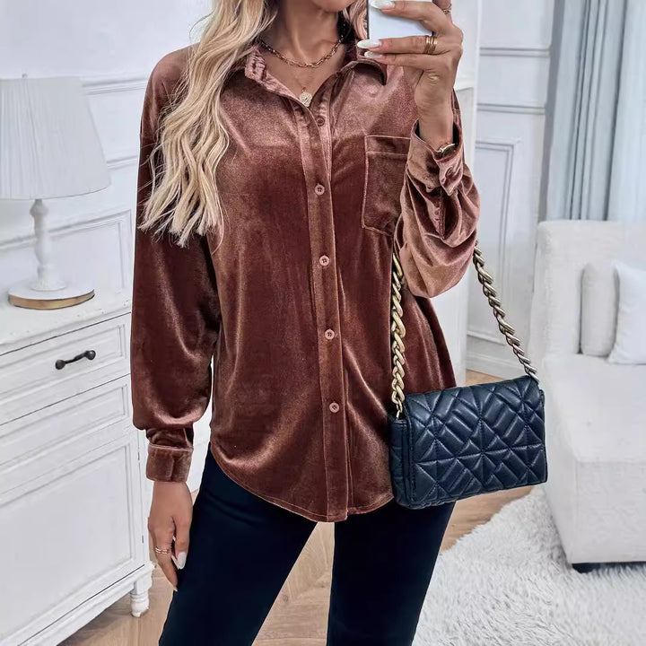 Women’s velour shirt blouse with chest pocket and classic collar Mune Fashion