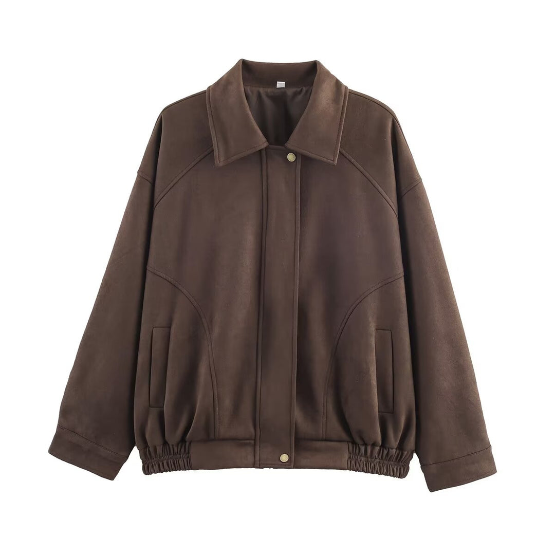 Women's oversized velvet bomber jacket with shirt collar, concealed snap button placket and elastic hem Mune Fashion