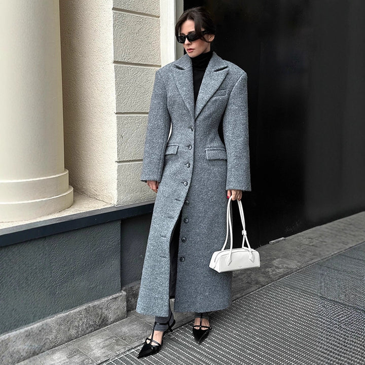 Women's Maxilength Wool Blend Coat with Tailored Cut and Button Placket Mune Fashion
