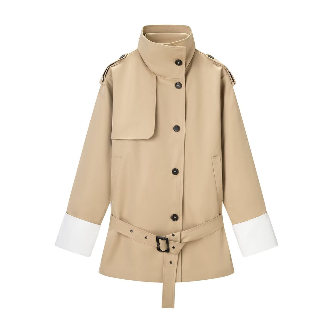 Women Short Trench with High Stand Collar, Epaulettes, and Shaping Belt Mune Fashion