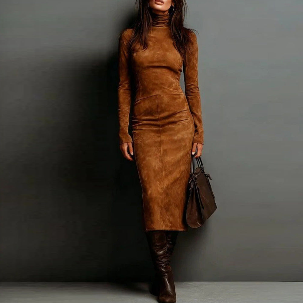 Women's Fitted Midi Dress in Velvet Look with Roll Neck and Tailored Silhouette Mune Fashion