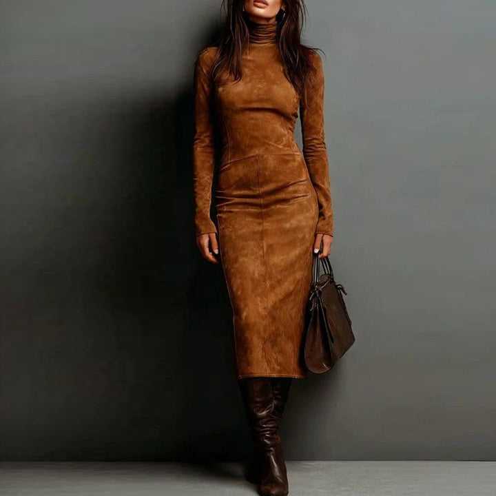Women's Fitted Midi Dress in Velvet Look with Roll Neck and Tailored Silhouette Mune Fashion