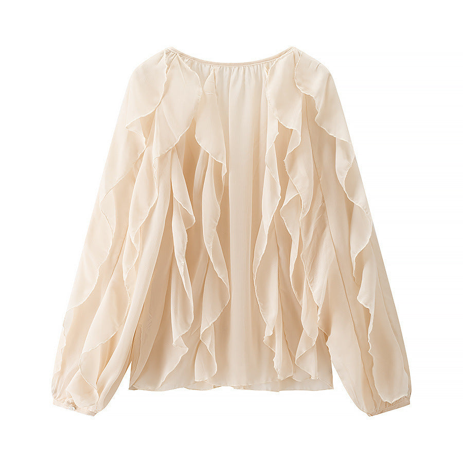 Ladies Voluminous Chiffon Blouse with Layered Ruffles and Button Closure Mune Fashion