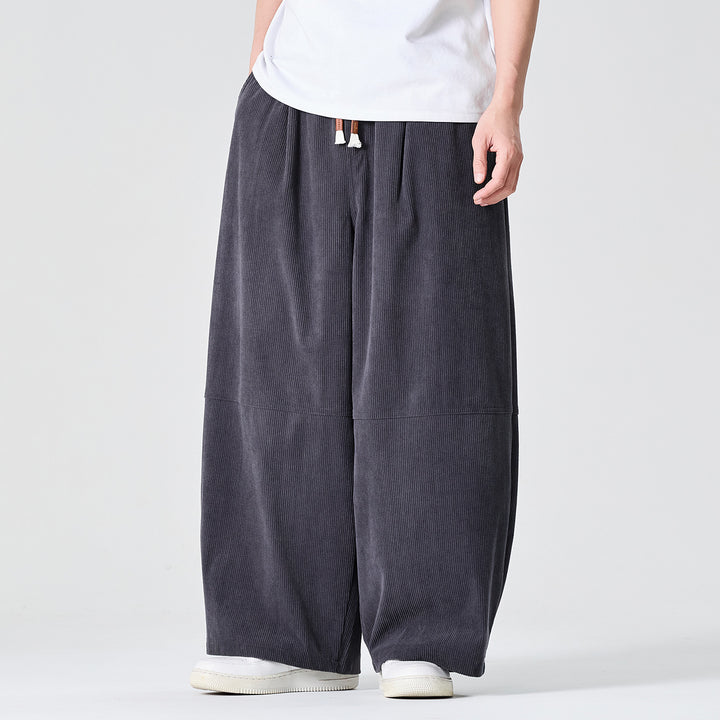 Men's Wide Cord Pants in Palazzo Cut with Elastic Waistband and Drawstring Mune Fashion