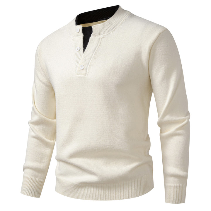 Men's fine-knit Henley pullover with short button placket and ribbed stand-up collar Mune Fashion