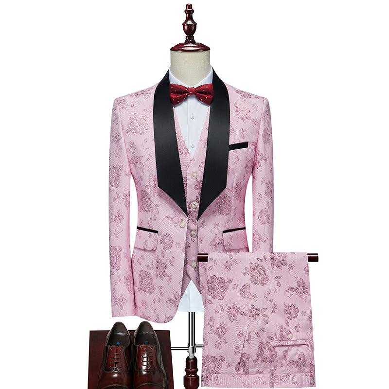 Men's Luxurious Three-Piece Tuxedo Set with Shawl Lapel and Floral Jacquard Mune Fashion
