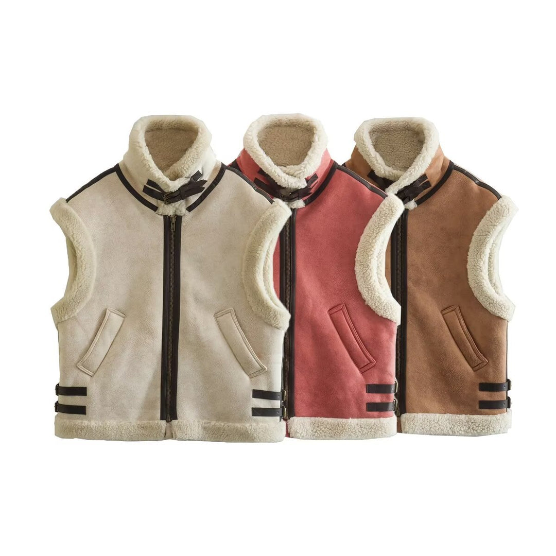 Women's padded lambskin look vest with stand-up collar, zipper and side buckle straps Mune Fashion