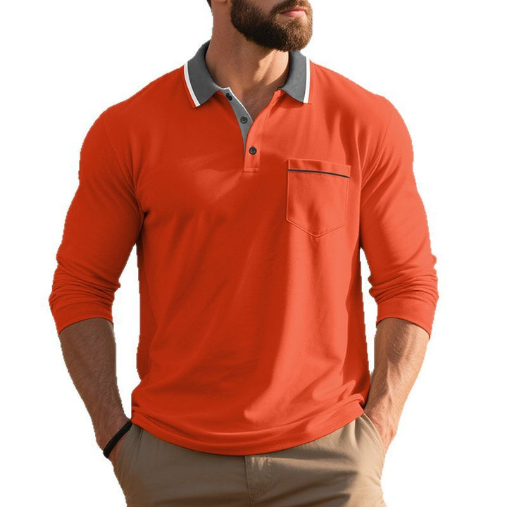 Men's long-sleeved polo shirt with contrast collar, chest pocket, and fine cotton stretch Mune Fashion