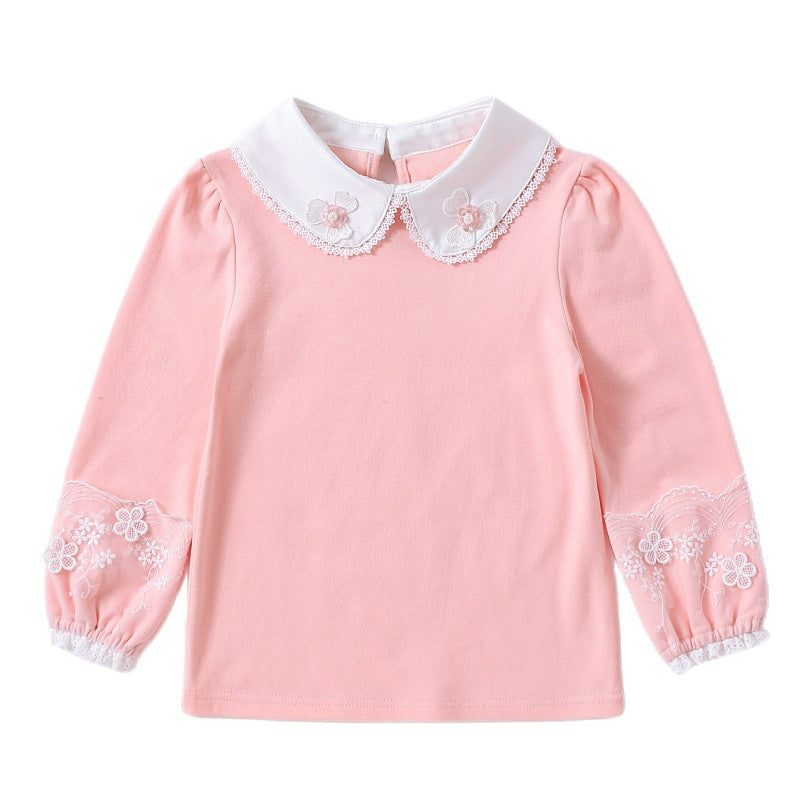 Girls' fashionable long-sleeve blouse with romantic collar and fine floral embroidery Mune Fashion