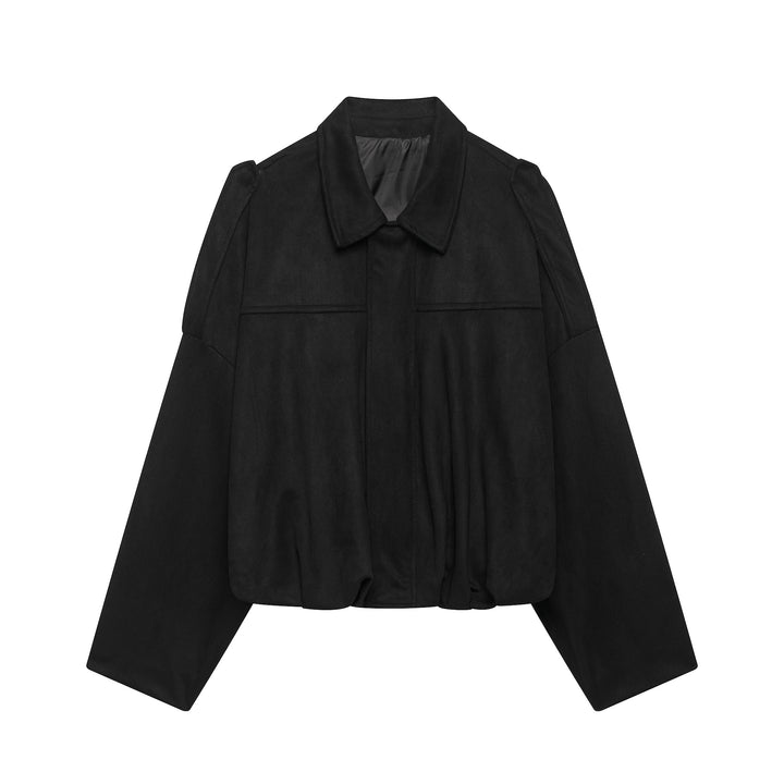 Women's Cropped Boxy Jacket made of velour look with shirt collar, wide raglan sleeves and drawstring Mune Fashion