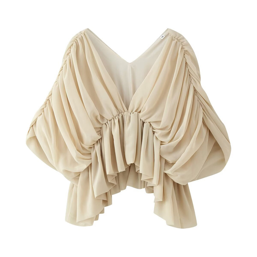 Women's Draped Chiffon Top with V-Neck and Voluminous Batwing Sleeves Mune Fashion