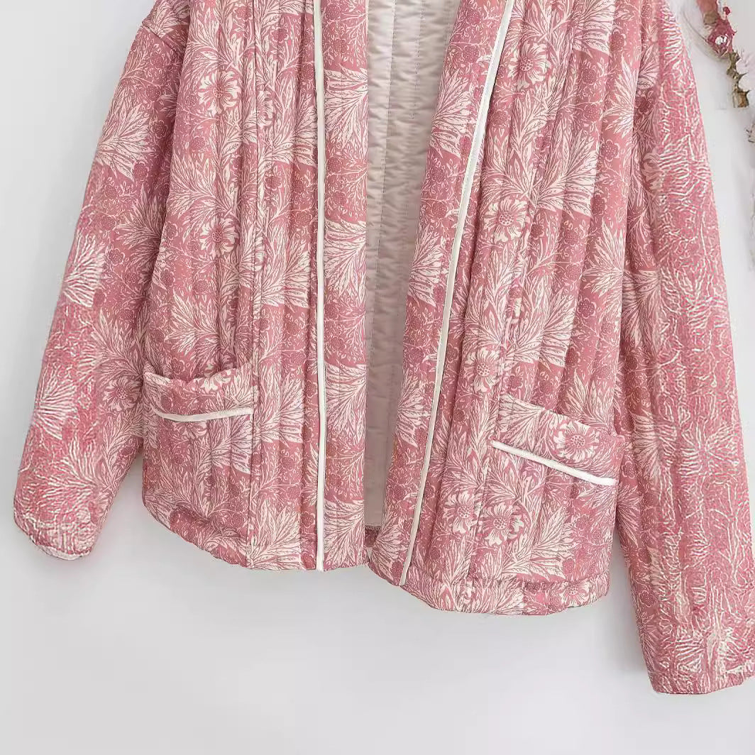 Women Light Quilted Jacket in Kimono Style with Floral Block Print and Contrast Piping Mune Fashion