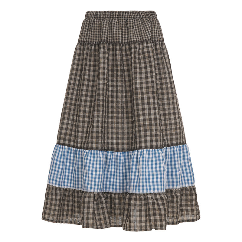 Women's multi-layered cotton tiered skirt with elastic waistband, contrasting gingham ribbon and ruffle Mune Fashion