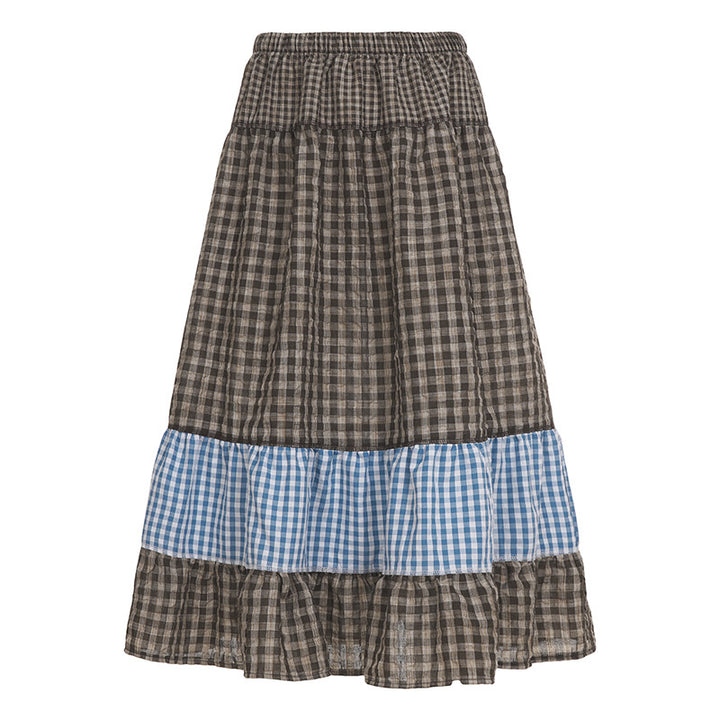 Women's multi-layered cotton tiered skirt with elastic waistband, contrasting gingham ribbon and ruffle Mune Fashion