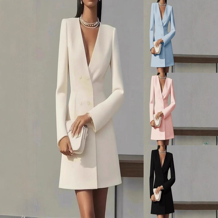 Ladies double-breasted blazer dress with tailored fit and deep V-neck Mune Fashion
