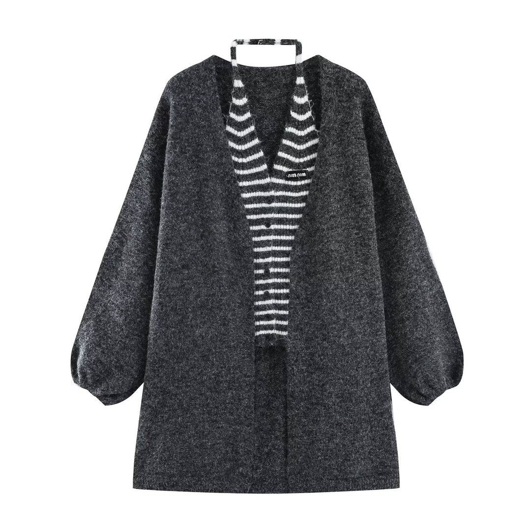 Women's Oversized Knit Cardigan with Balloon Sleeves and Striped Trim Button Placket Mune Fashion