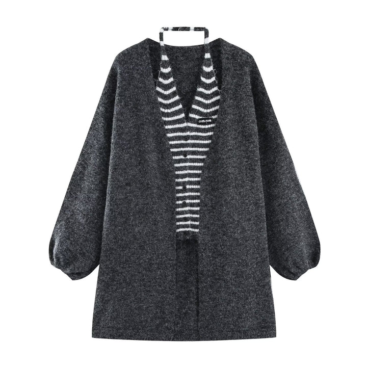 Women's Oversized Knit Cardigan with Balloon Sleeves and Striped Trim Button Placket Mune Fashion