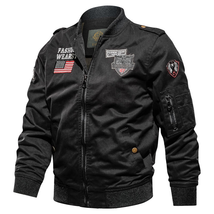Men's military-inspired bomber jacket with patch and embroidery details, arm pocket and ribbed cuffs Mune Fashion