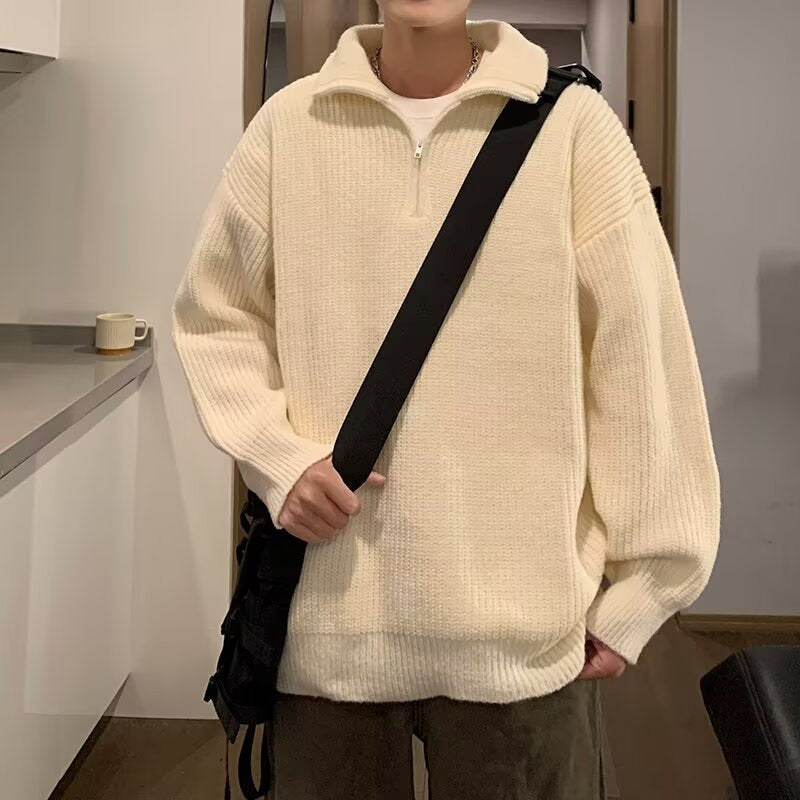 Men's Soft Oversized Ribbed Knit Sweater with Concealed Half Zip and Polo Collar Mune Fashion