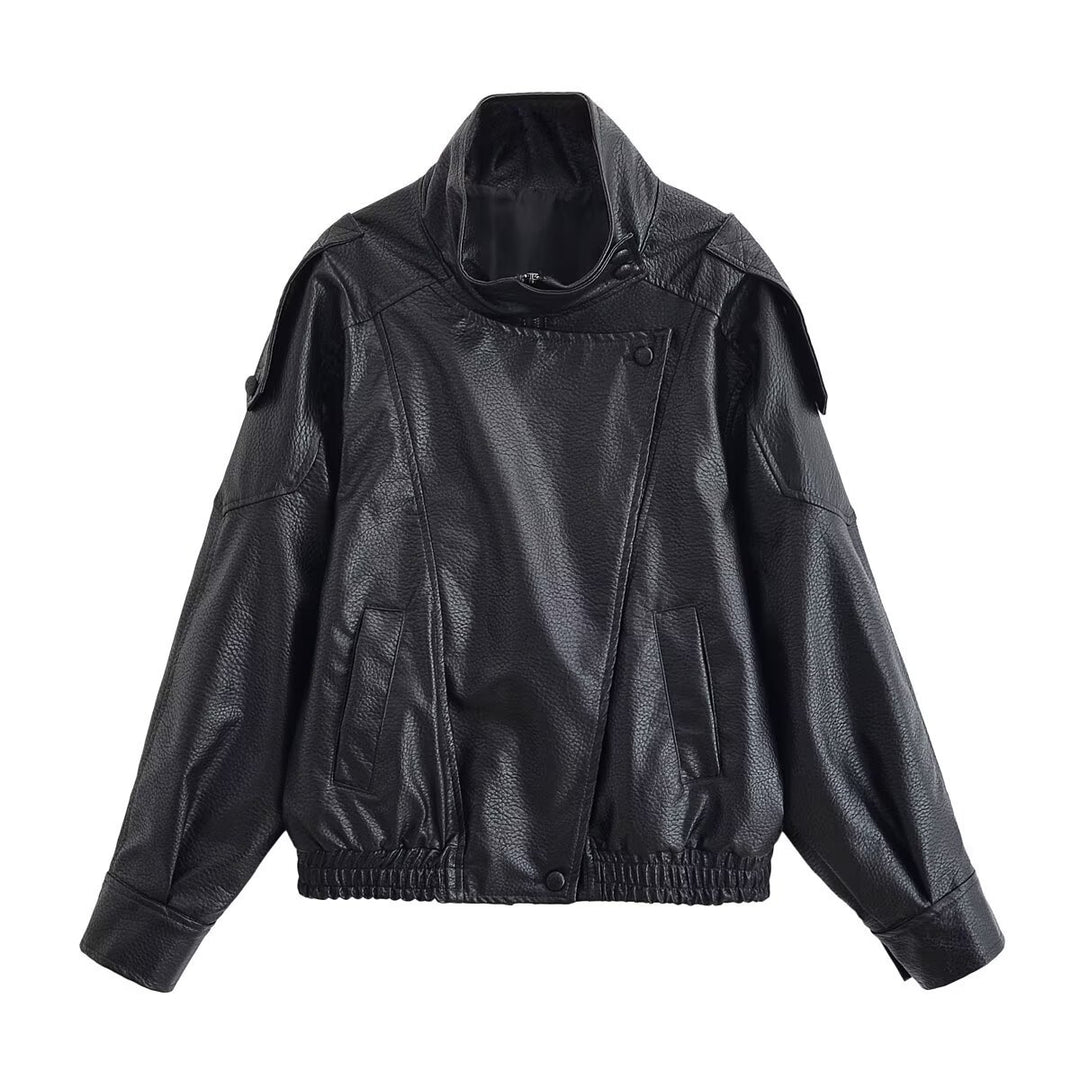 Women's Leather Look Bomber Jacket with High Stand-up Collar, Asymmetrical Snap Button Placket, and Elastic Hem Mune Fashion