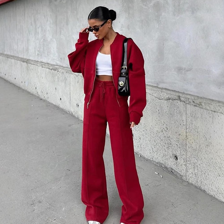 Women's oversized zip-up jacket with wide high-waist lounge pants set Mune Fashion