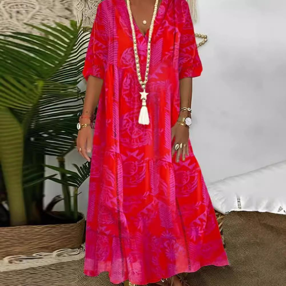 Ladies Boho Long Dress with Deep V-Neck, Tiered Cut and Casual Oversized Fit Mune Fashion