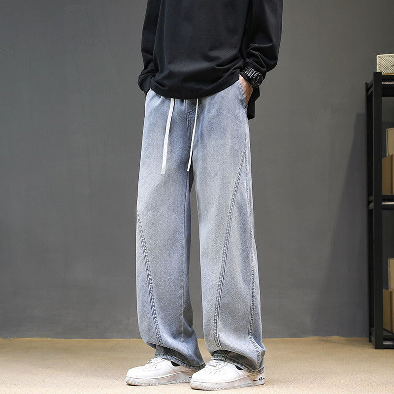 Men's Wide Denim Baggy Jeans with Drawstring Waist, Deep Crotch and Prominent Decorative Stitching Mune Fashion