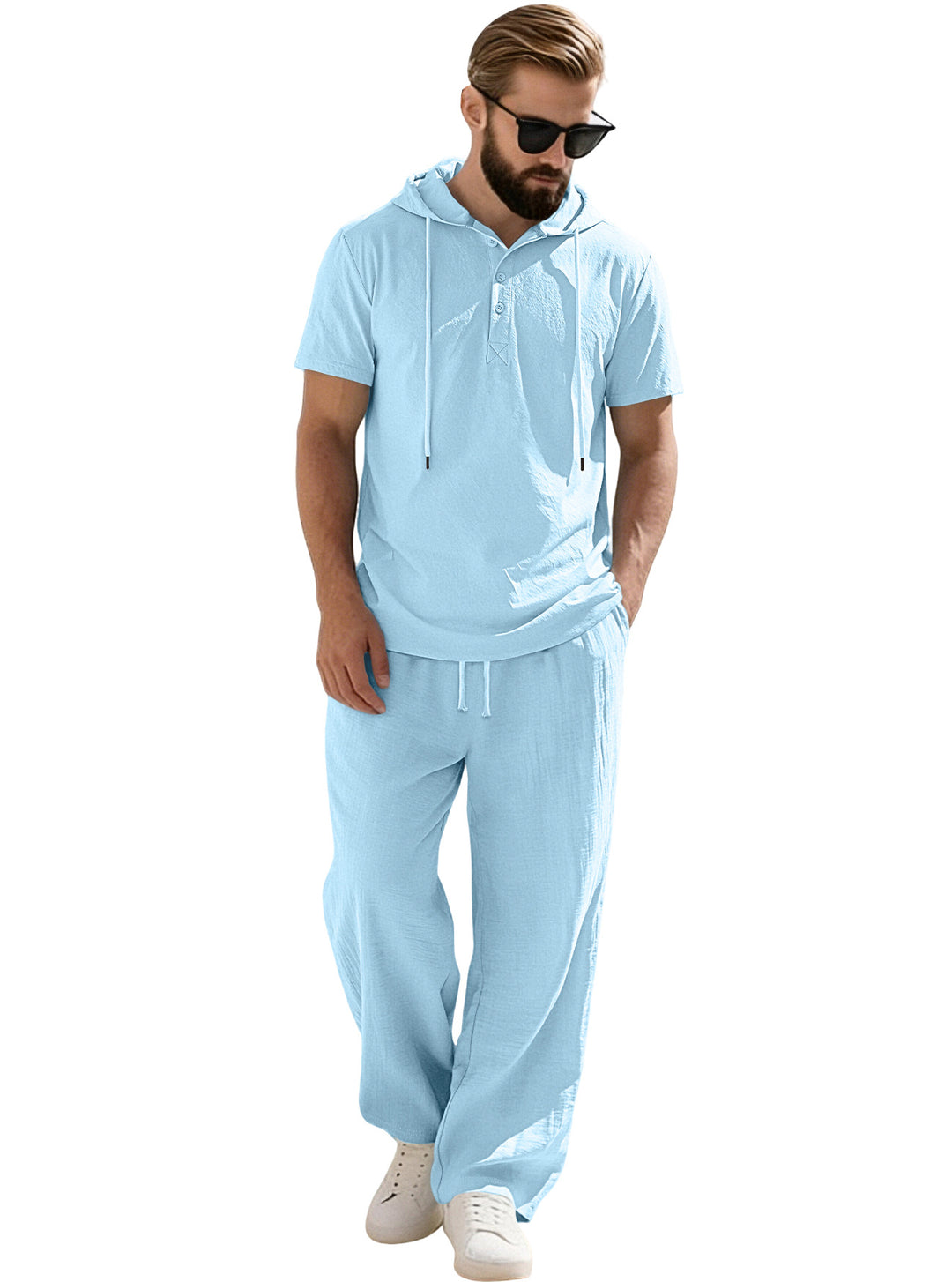 Men's casual short-sleeve hooded shirt in crinkled cotton blend with Henley button placket Mune Fashion