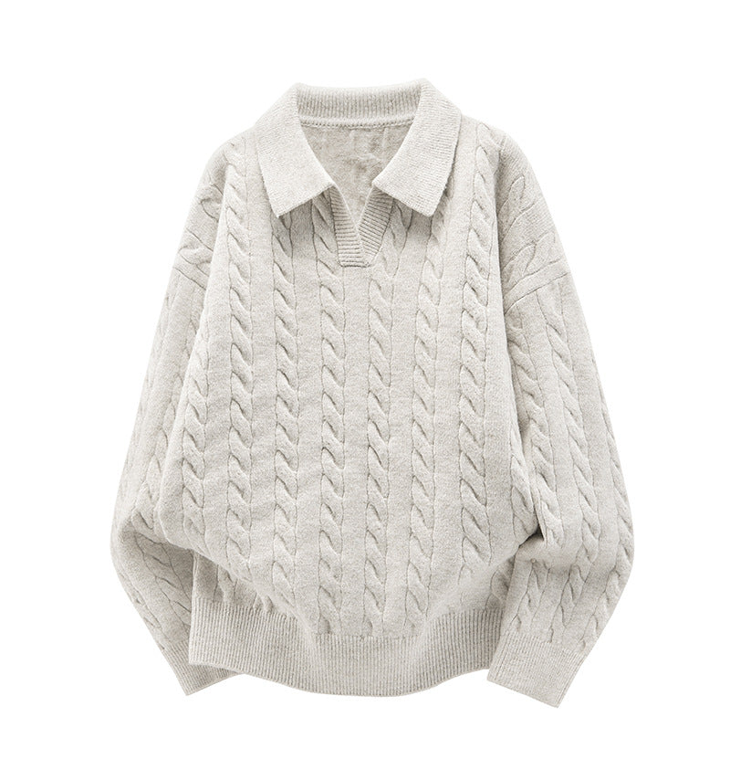 Women's Oversized Cable Knit Polo Sweater with V-Neck and Ribbed Hem Mune Fashion