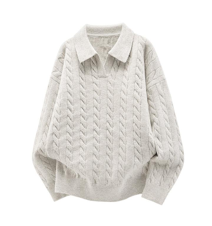 Women's Oversized Cable Knit Polo Sweater with V-Neck and Ribbed Hem Mune Fashion