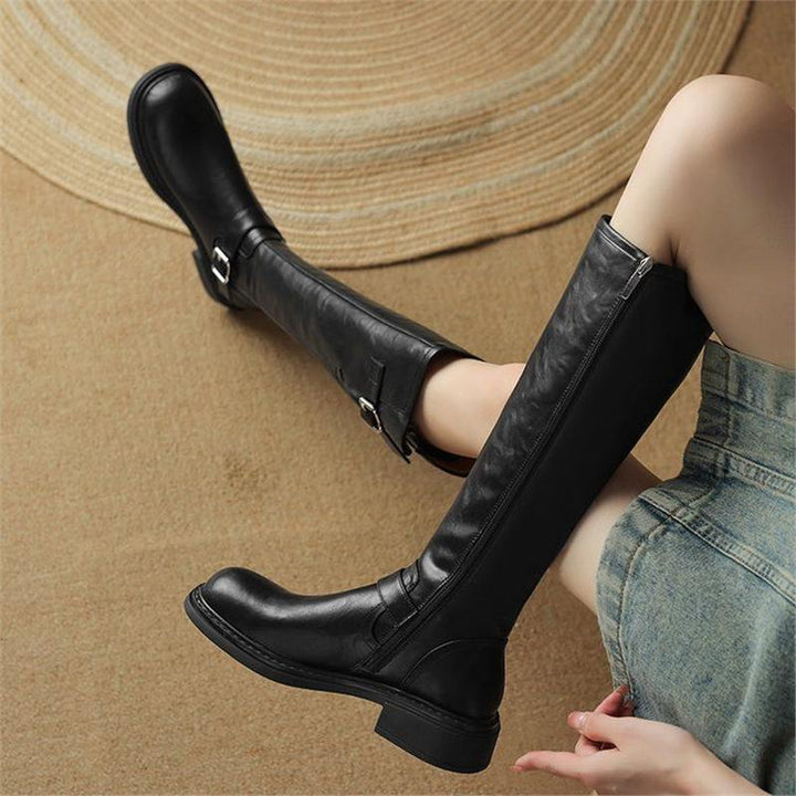 Women's Knee-High Faux Leather Boots with Adjustable Decorative Buckles Mune Fashion