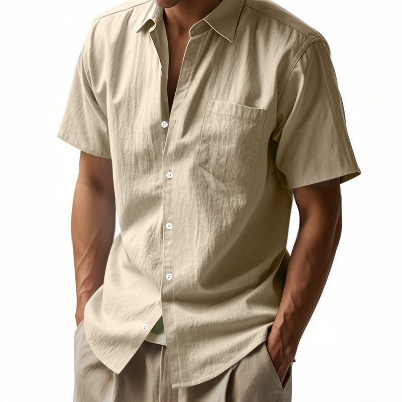 Men's short-sleeved textured shirt made of breathable slub linen with a spread collar, chest pocket, and straight hem Mune Fashion
